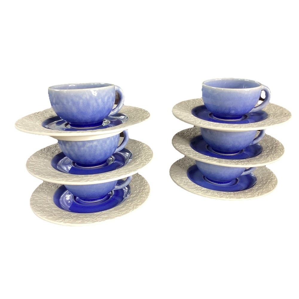 Jars France Tourron (6) Sets Blue Chardon Footed Teacups & Large Saucers